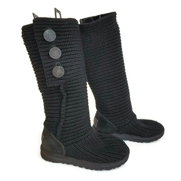 Authentic Ugg Classic Cardy Boots Knit Fabric Shearling Footbed Tall Foldover - Picture 2 of 6